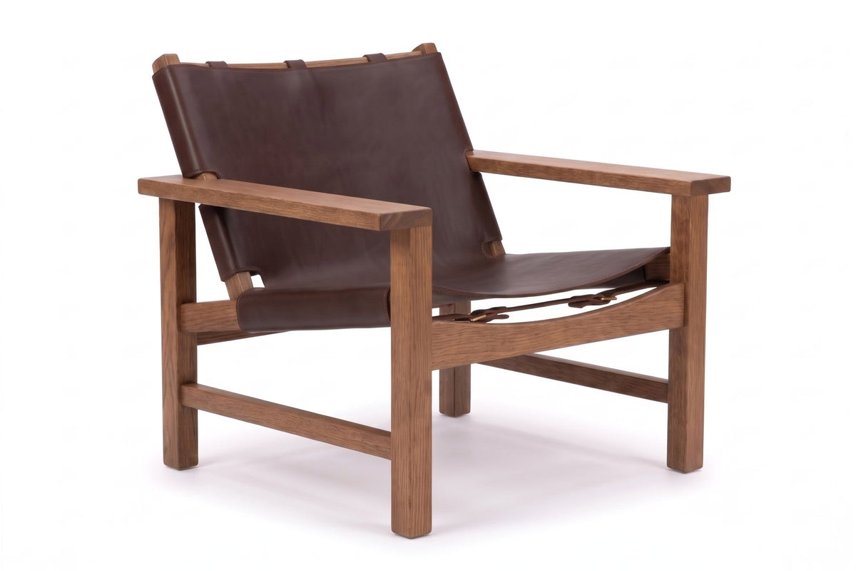 Lourmarin Leather Sling Chair in Chocolate / Walnut, three-quarter view on white