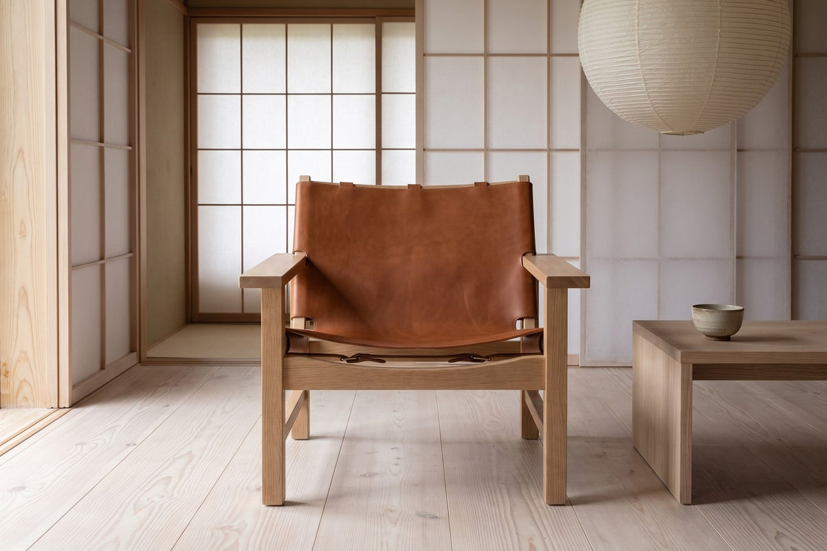 Lourmarin Cognac Leather Sling Chair on Natural Oak in a Japandi room, front view