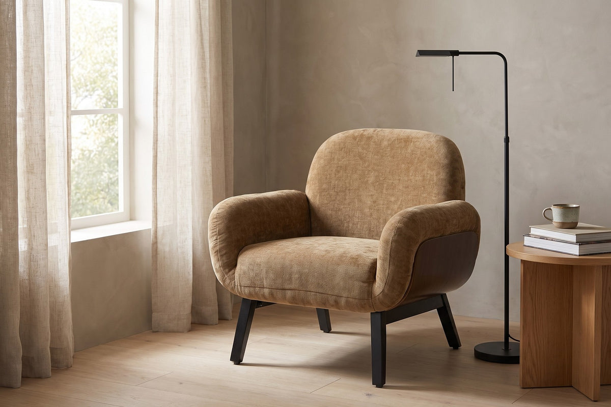 Lucie Upholstered Armchair – Tan, Walnut-Finish Side Panels, Black Legs