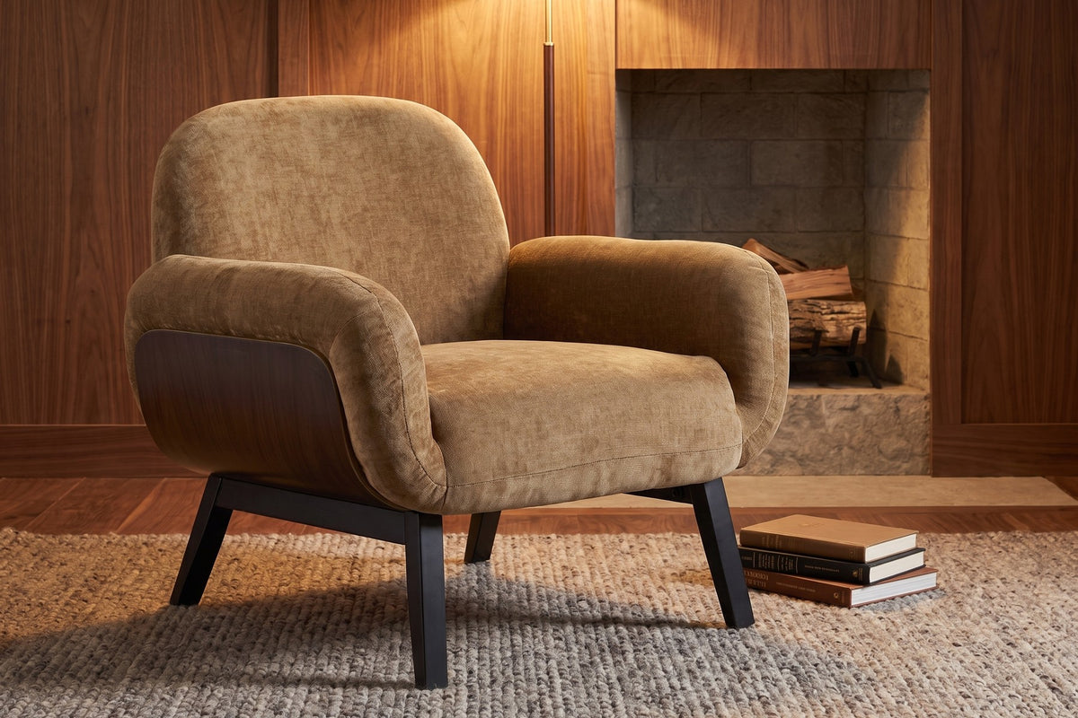 Lucie Upholstered Armchair – Tan, Walnut-Finish Side Panels, Black Legs
