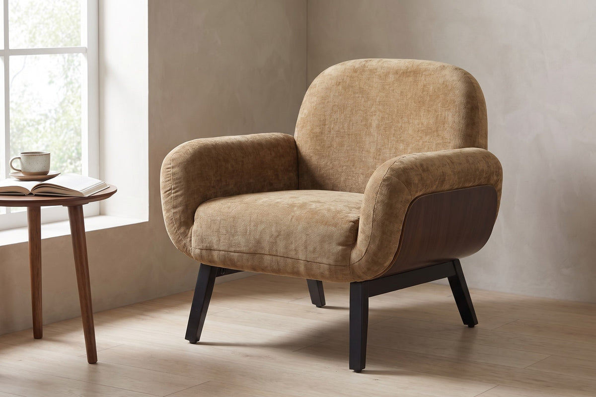 Lucie Upholstered Armchair – Tan, Walnut-Finish Side Panels, Black Legs