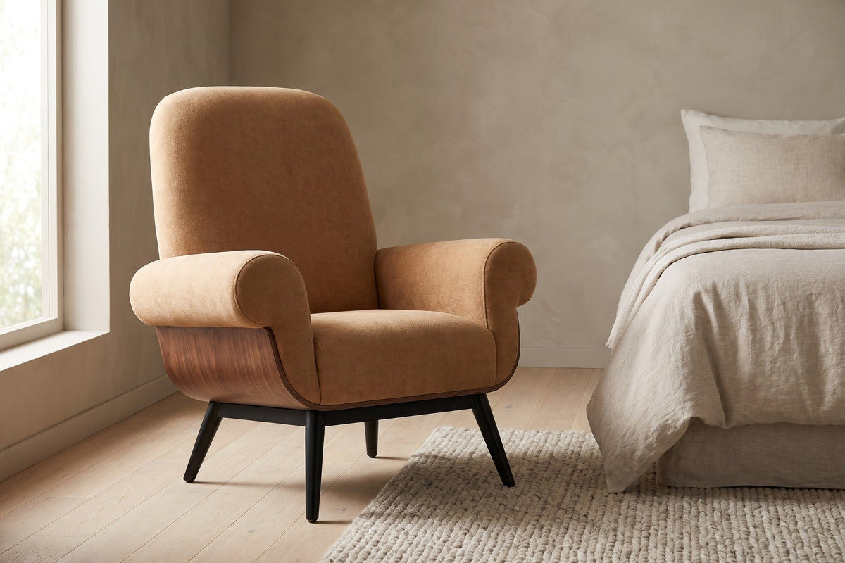 Lucie Upholstered Armchair – Tan, Walnut-Finish Side Panels, Black Legs