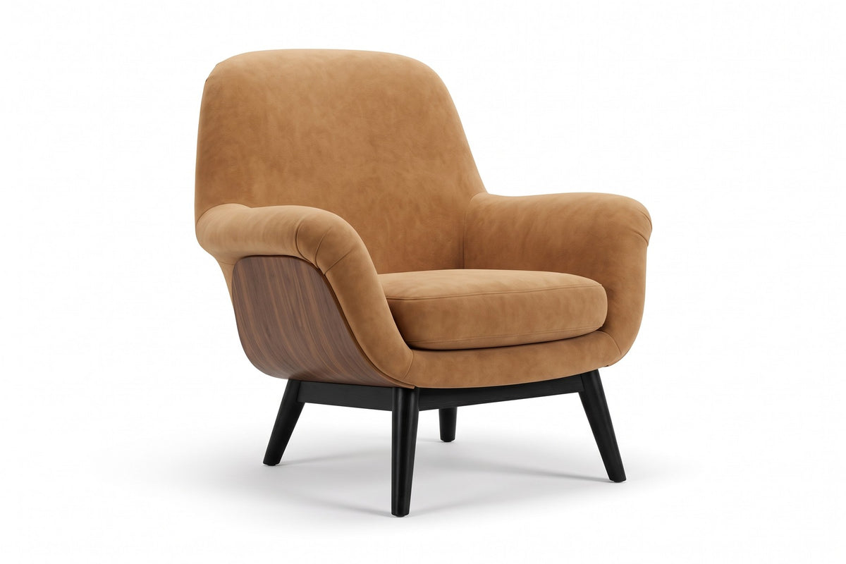 Lucie Upholstered Armchair – Tan, Walnut-Finish Side Panels, Black Legs