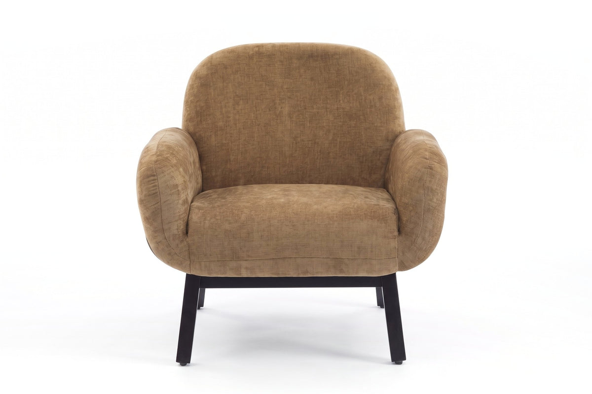 Lucie tan upholstered armchair with walnut-finish side panels and black legs, straight front view on a white background