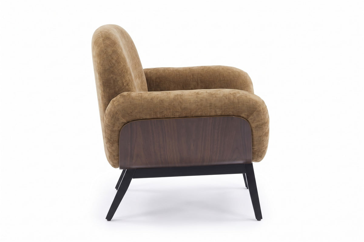 Lucie Upholstered Armchair – Tan, Walnut-Finish Side Panels, Black Legs