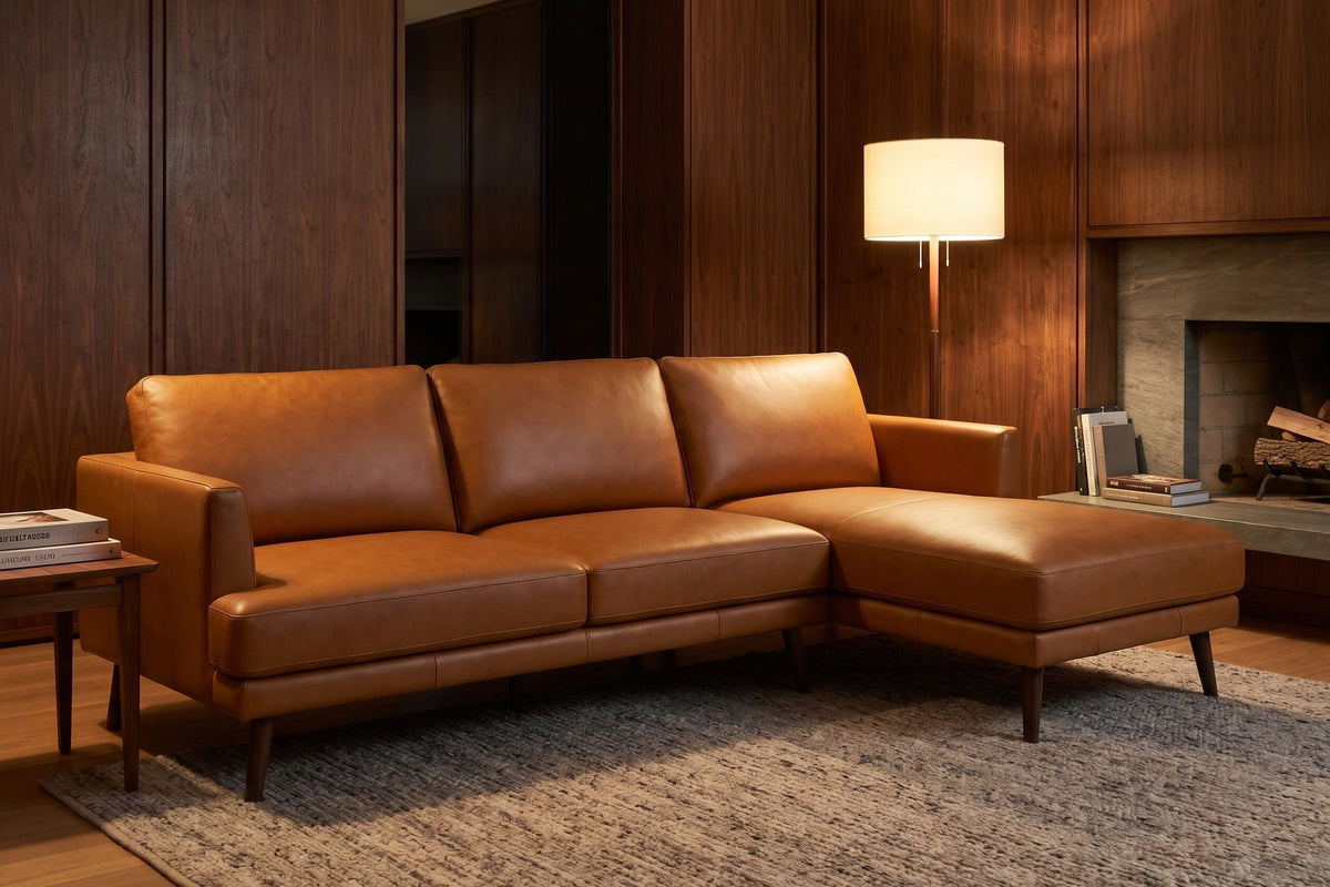 Luxembourg Genuine Leather L-Sectional – Cognac Tan, Right-Facing Chaise