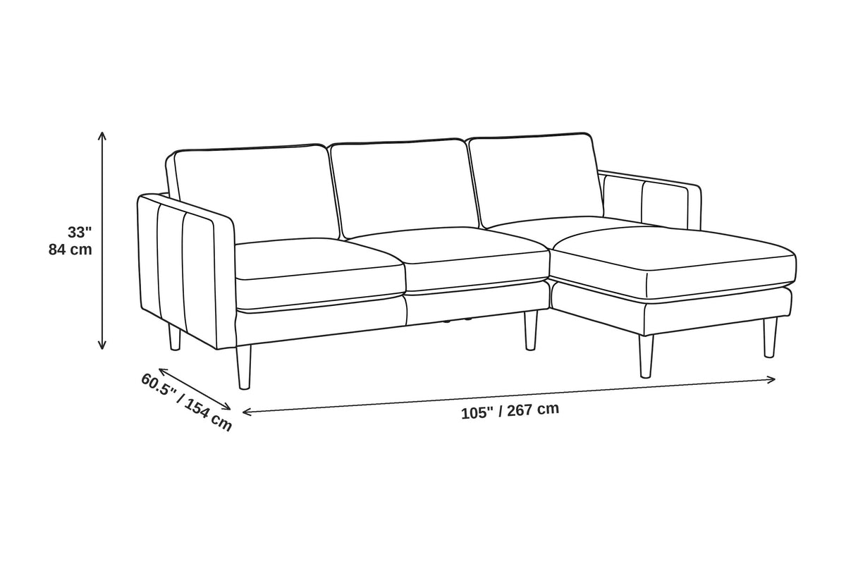 Luxembourg cognac tan leather l-sectional with right-facing chaise dimensions: 105 inches wide, 60.5 inches deep and 33 inches high