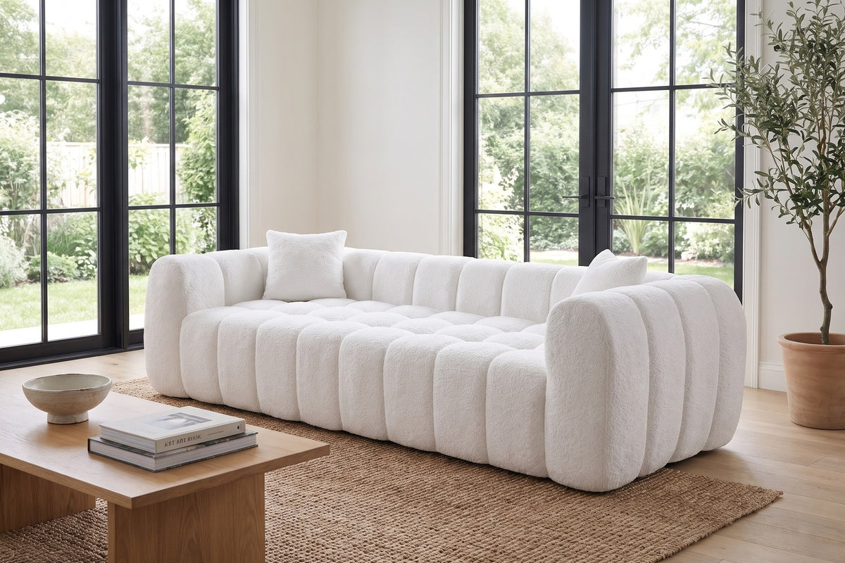 Madeleine 102.7" Channel-Tufted Bouclé Sofa – White, Arrives Compressed