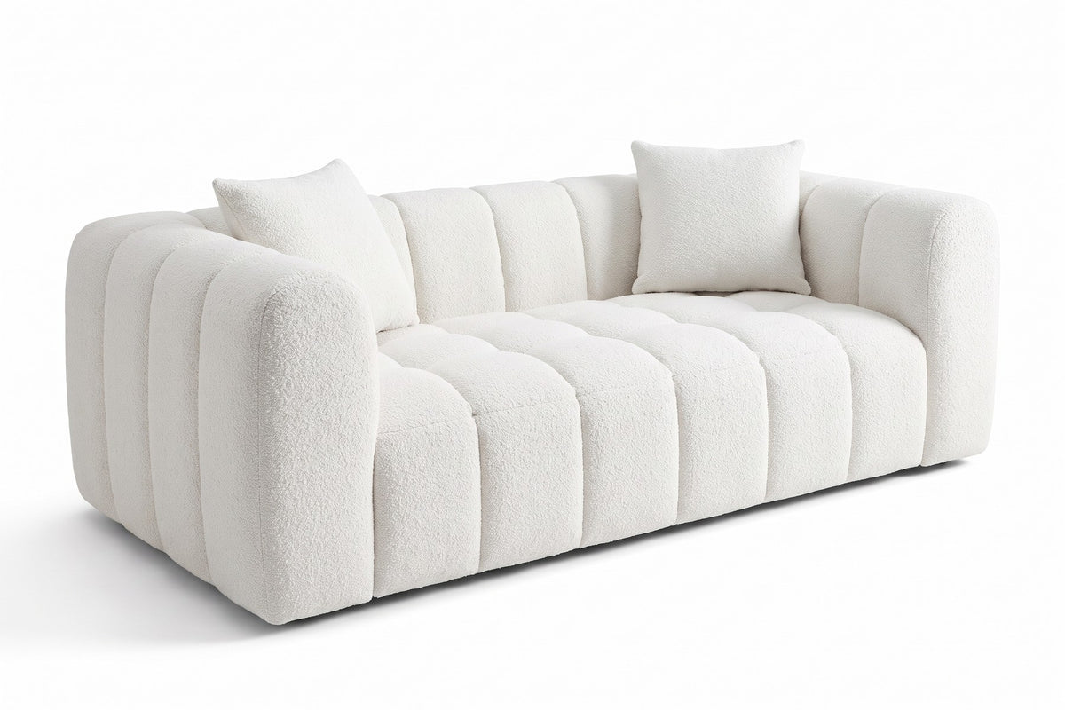 Madeleine 102.7" Channel-Tufted Bouclé Sofa – White, Arrives Compressed