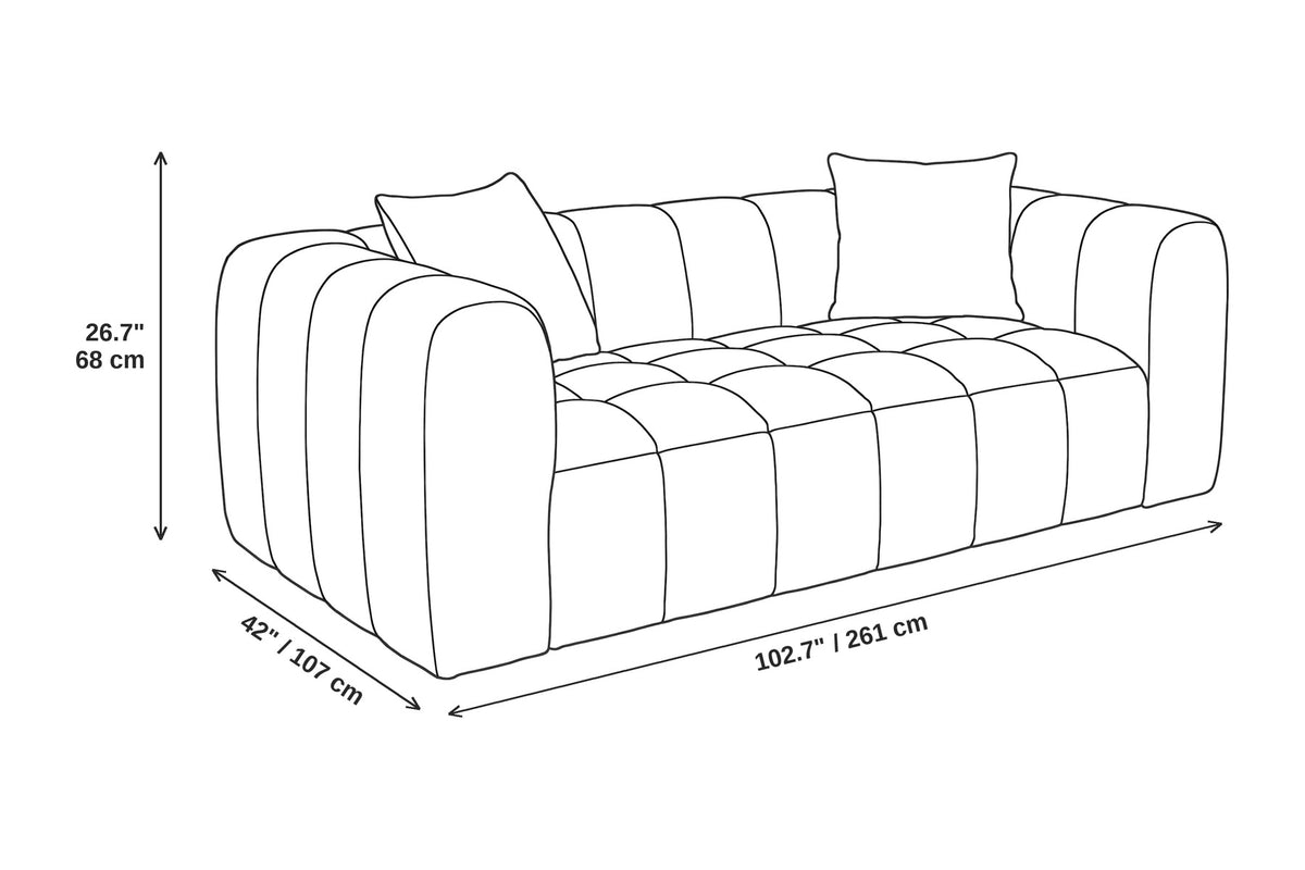 Madeleine 102.7" white bouclé channel-tufted sofa dimensions: 102.7 inches wide, 42 inches deep and 26.7 inches high