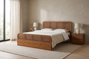 Malo walnut-finish solid wood platform bed with cane panels in a calm, daylit bedroom