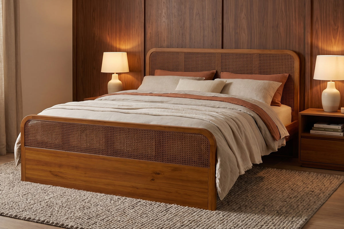 Malo Cane Platform Bed – Walnut-Finish Solid Wood, Queen