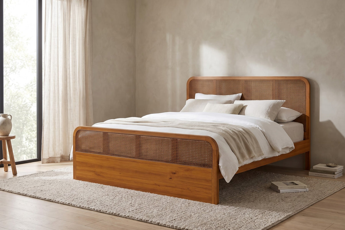 Daylight. The closed footboard gives the bed a solid base against a pale plaster wall.