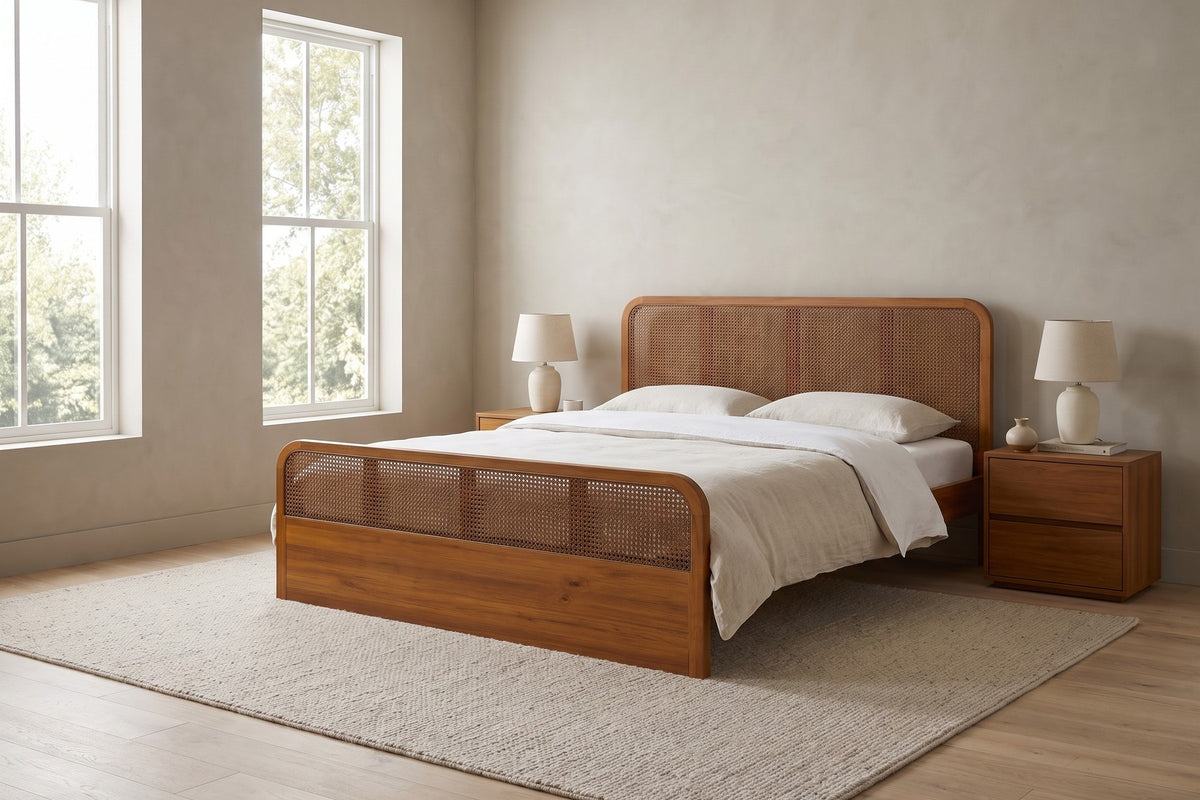 By two tall windows, the warm wood stands out against pale walls and white bedding.