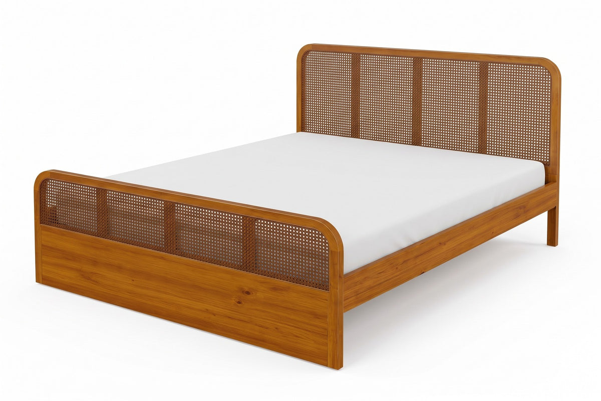 Malo walnut-finish solid wood platform bed with cane panels, three-quarter view from the foot of the bed, slightly above on a white background