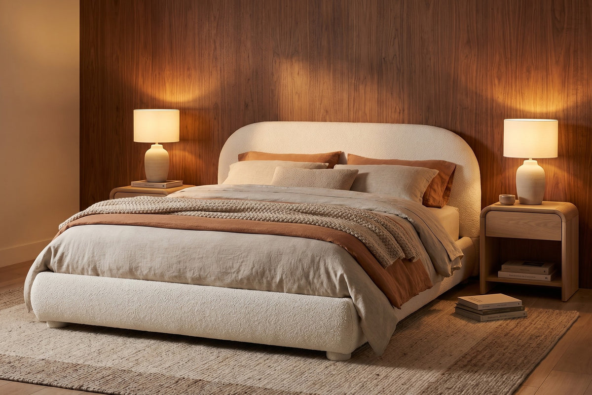 Manon Arched Bouclé Upholstered Bed – Cream White, King