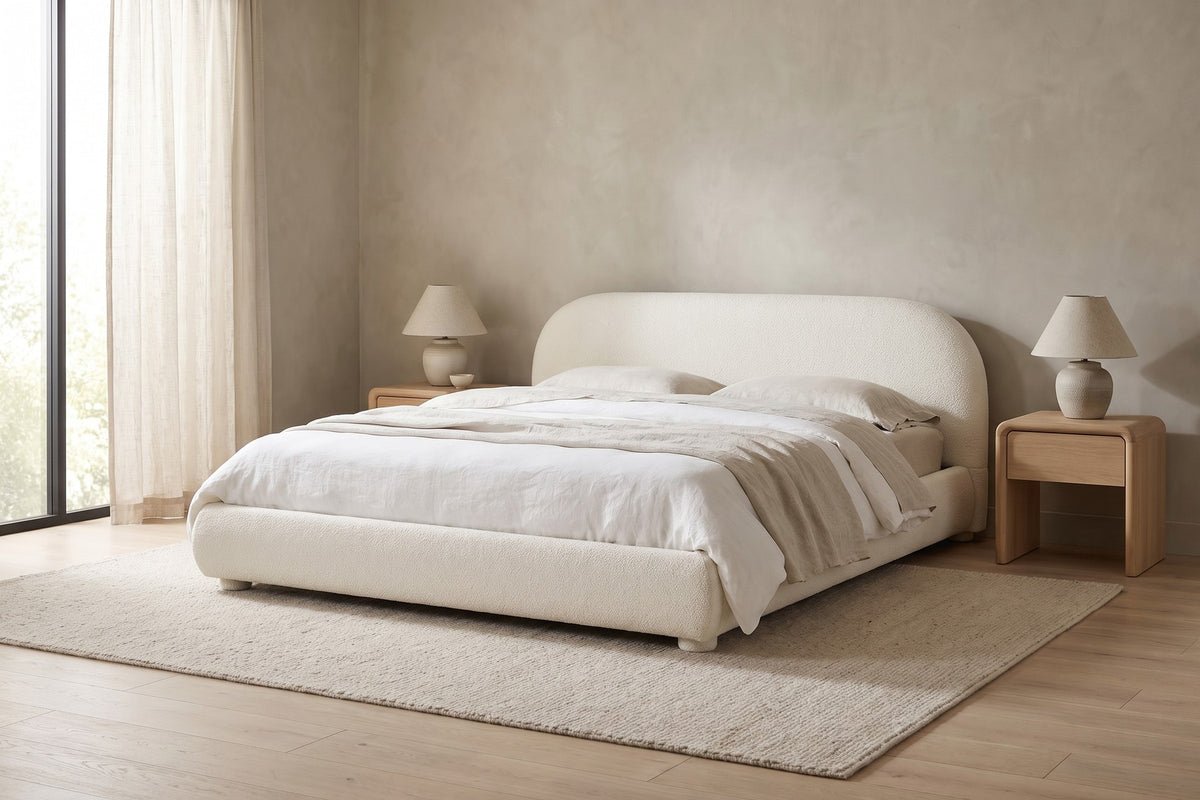 Manon Arched Bouclé Upholstered Bed – Cream White, King