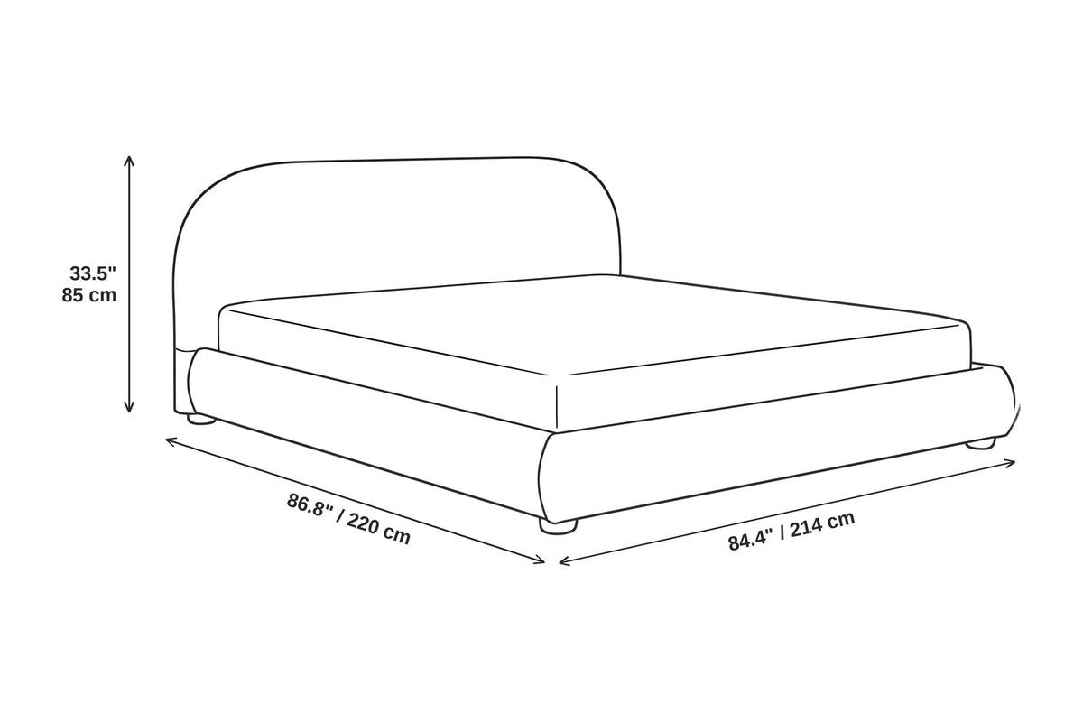 Manon bouclé platform bed dimensions: 84.4 inches (214 cm) wide, 86.8 inches (220 cm) long and 33.5 inches (85 cm) high