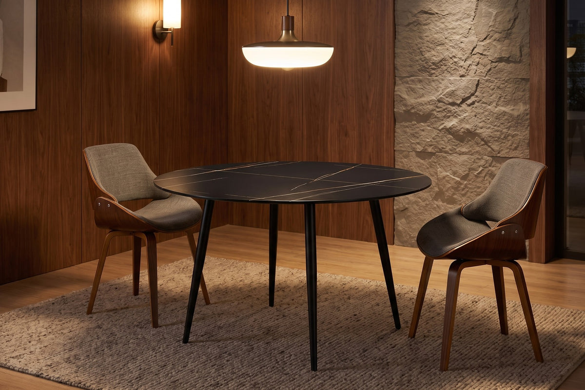 Marais Round Black Sintered Stone Dining Table – Gold-Veined Top, Effortless Care