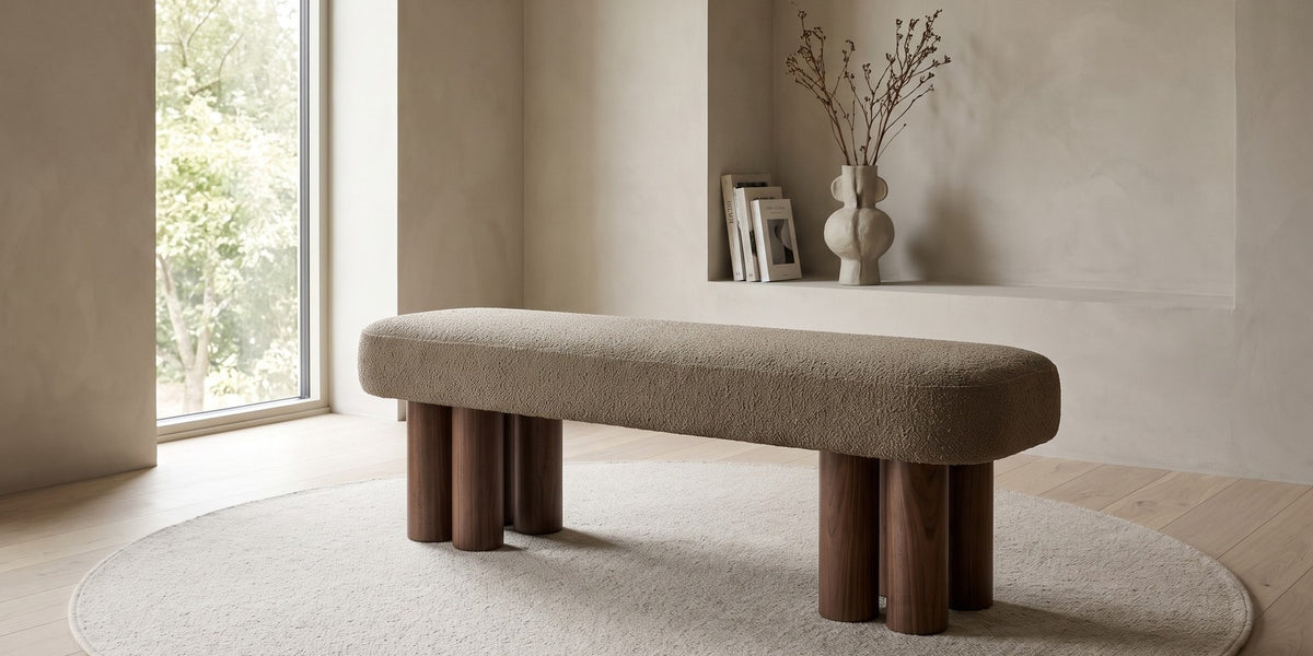 Margaux bouclé bench on a round rug in a calm, daylit room