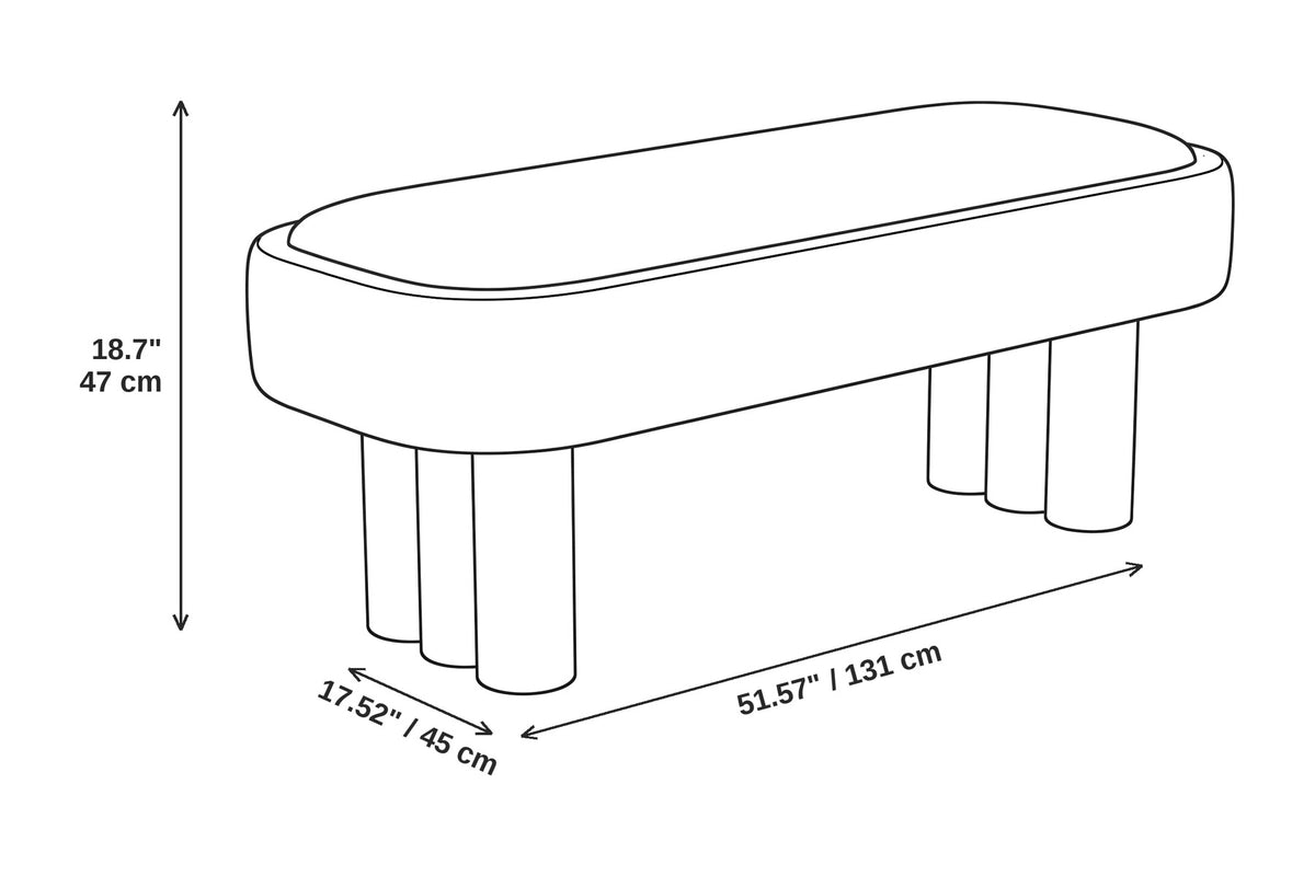 Margaux bench dimensions: 51.57 in long, 17.52 in deep, 18.7 in high