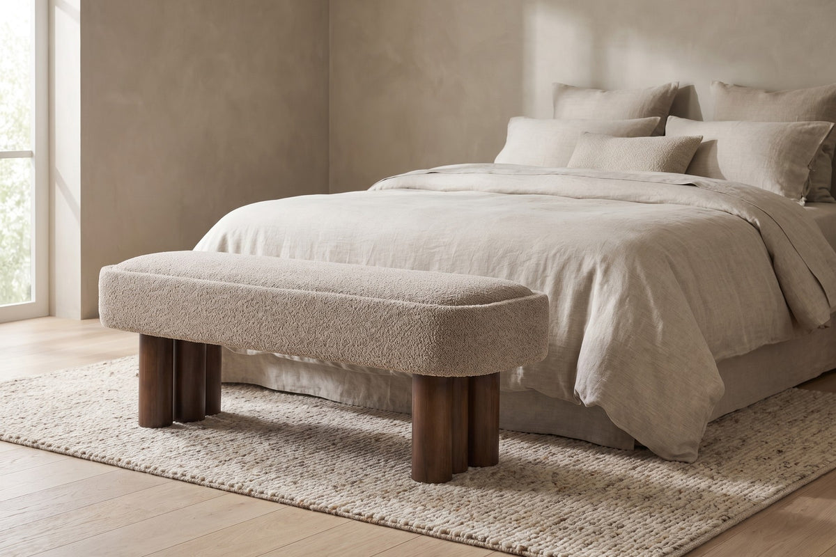 Margaux 51.6" Bouclé Bench – Khaki, Walnut-Finish Legs