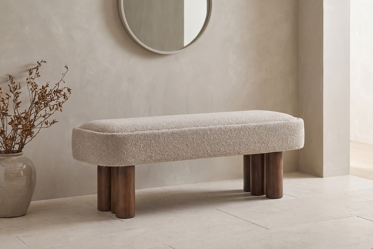 Margaux bouclé bench in a bright entryway