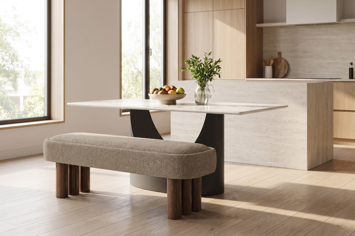 Margaux 51.6" Bouclé Bench – Khaki, Walnut-Finish Legs