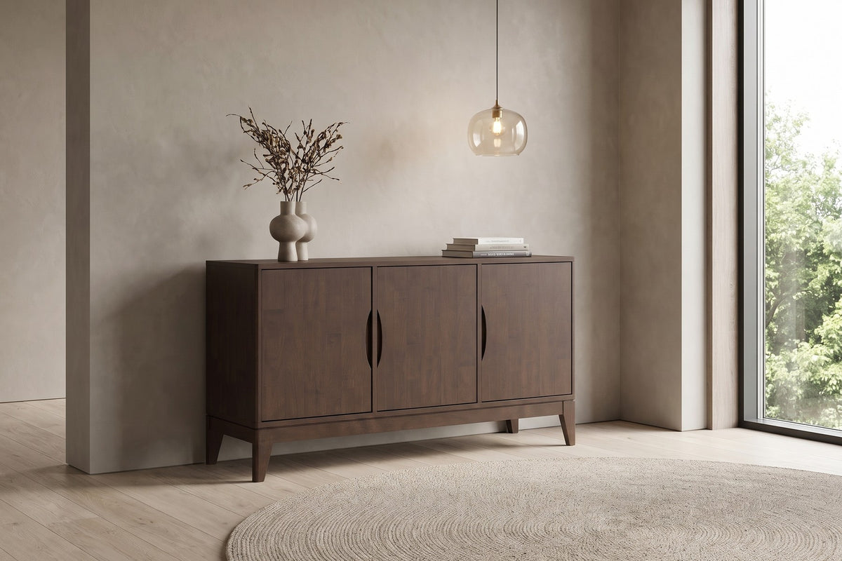 Margot 60" Mid-Century Sideboard – Walnut-Brown Rubberwood, Three Doors