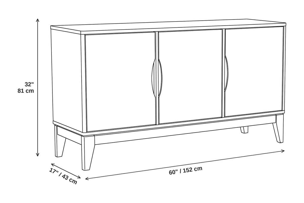 Margot 60" walnut-brown mid-century sideboard with three doors dimensions: 60 inches wide, 17 inches deep and 32 inches high