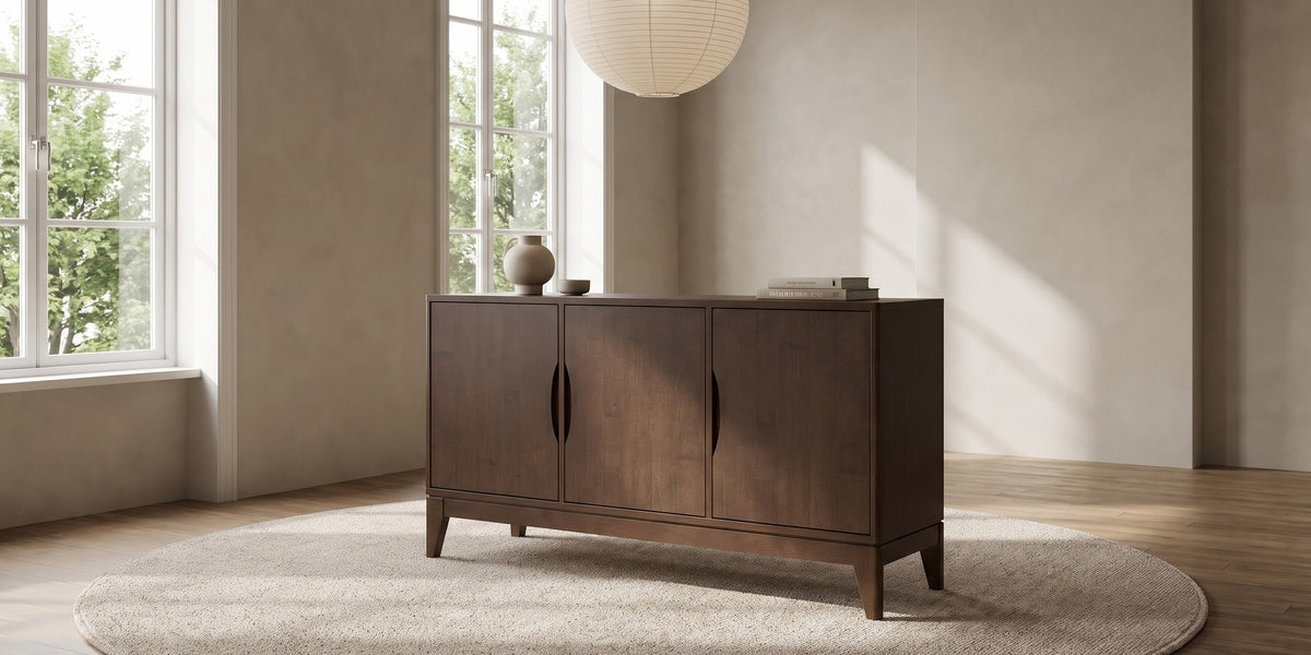 Margot 60" walnut-brown mid-century sideboard with three doors in a wide room view