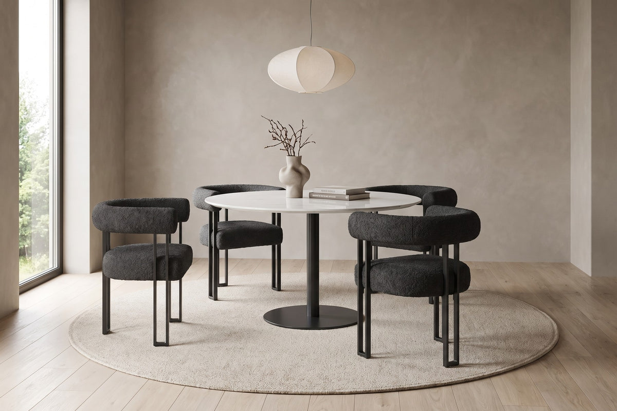 Mathilde Bouclé Barrel Dining Armchair – Black, Black Metal Legs, Set of 2