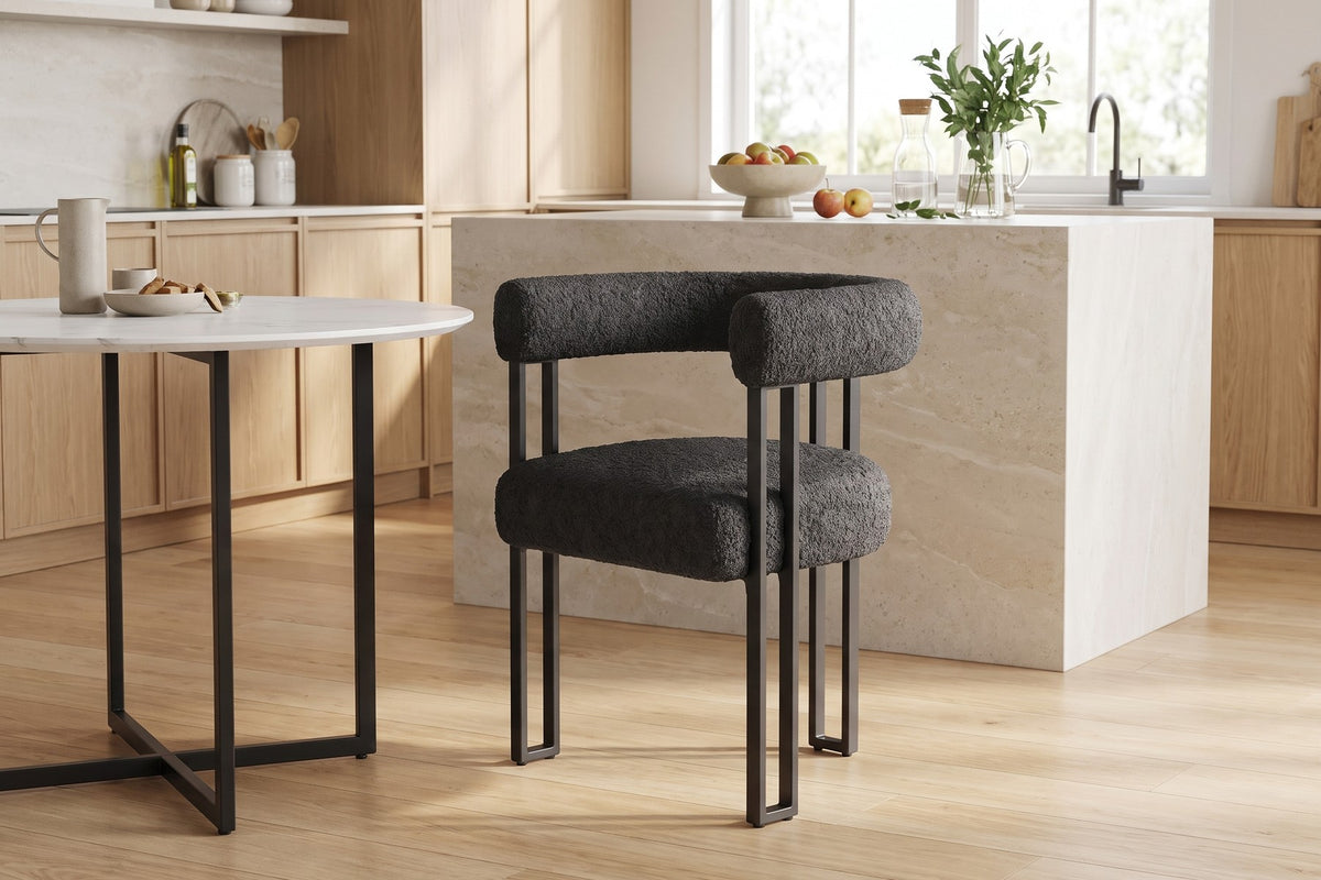 Mathilde Bouclé Barrel Dining Armchair – Black, Black Metal Legs, Set of 2