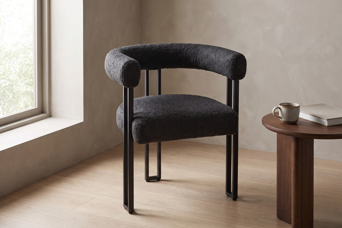 Mathilde Bouclé Barrel Dining Armchair – Black, Black Metal Legs, Set of 2