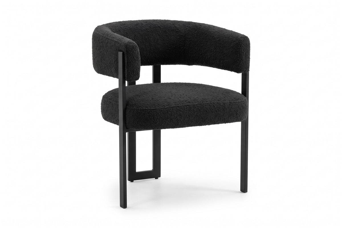 Mathilde Bouclé Barrel Dining Armchair – Black, Black Metal Legs, Set of 2
