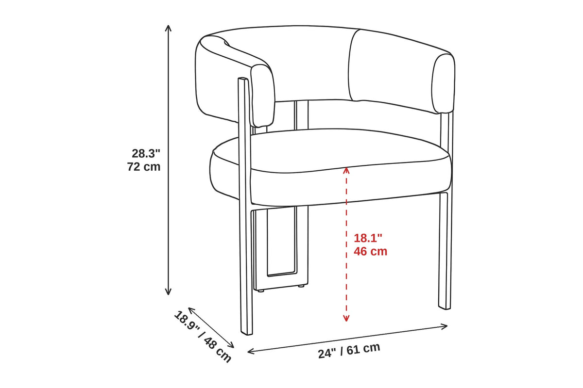 Mathilde black bouclé barrel dining armchair dimensions: 24 inches (61 cm) wide, 18.9 inches (48 cm) deep and 28.3 inches (72 cm) high