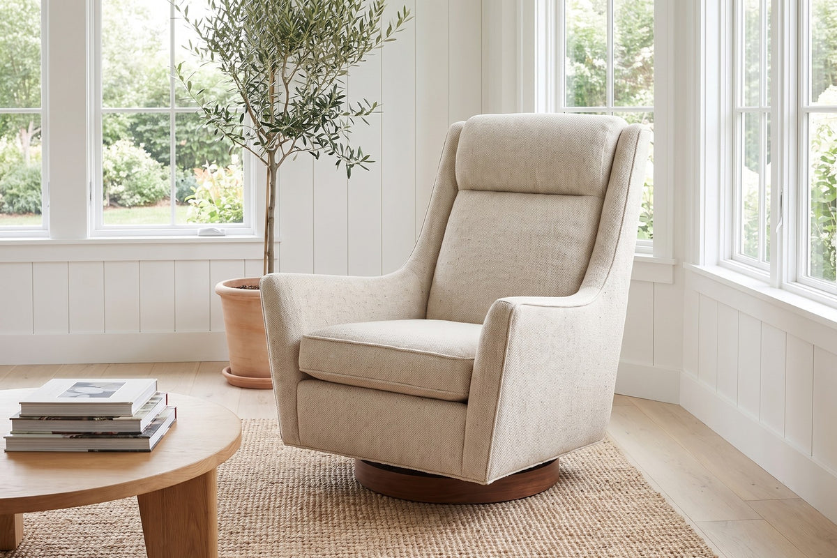 Megève Oatmeal Swivel Rocker Chair in a room