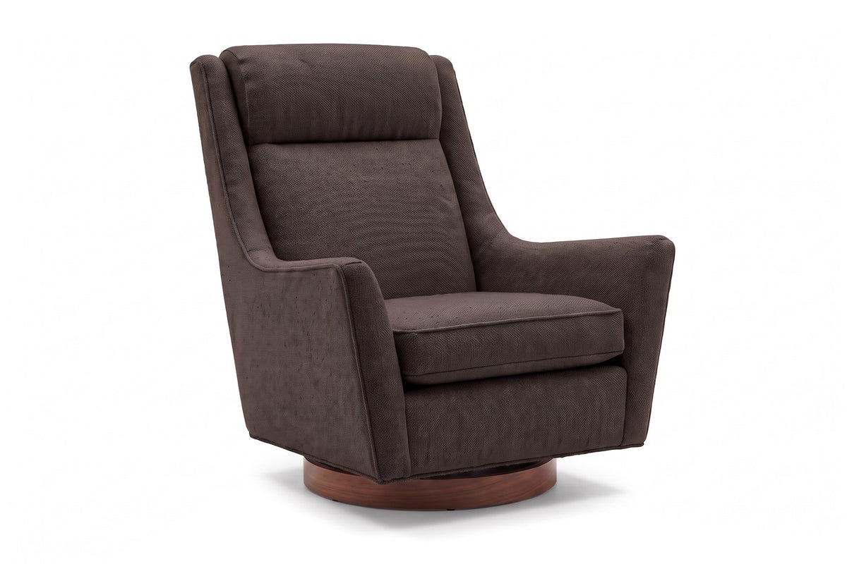 Megève Swivel Rocker Chair in Espresso, three-quarter view on white
