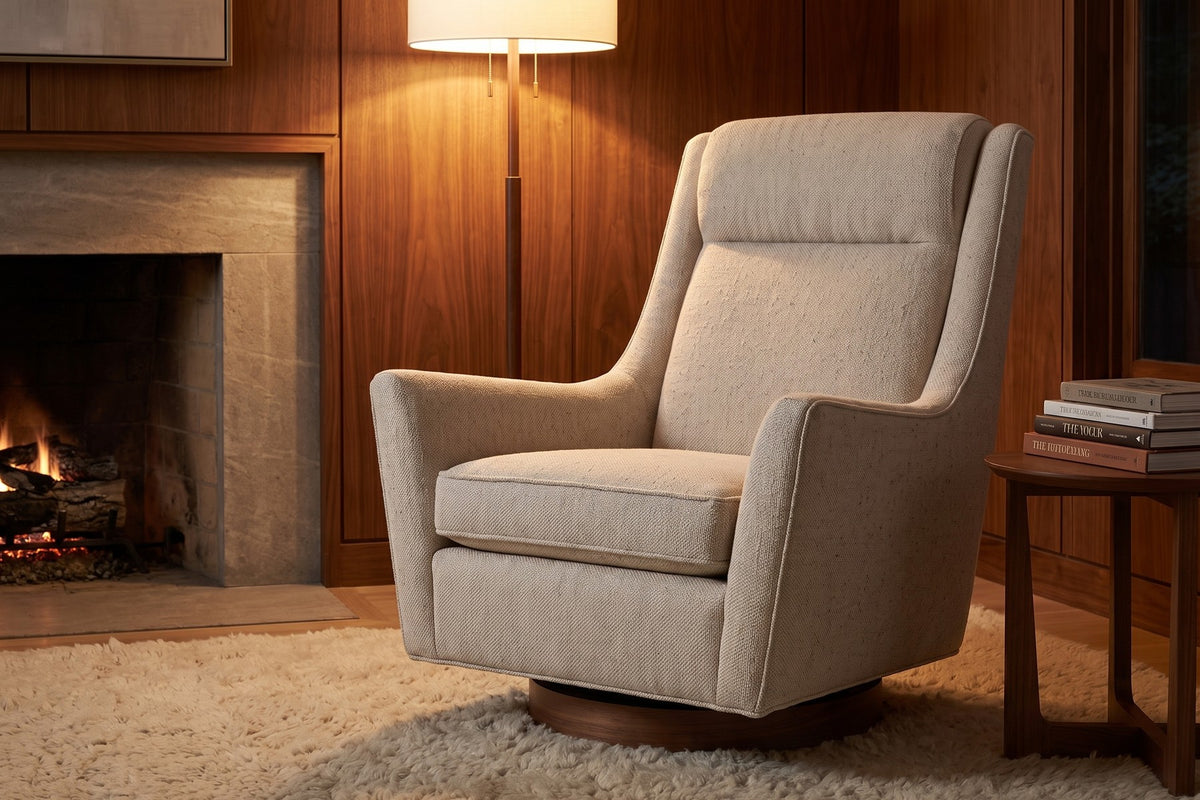 Megève Oatmeal Swivel Rocker Chair styled in a room