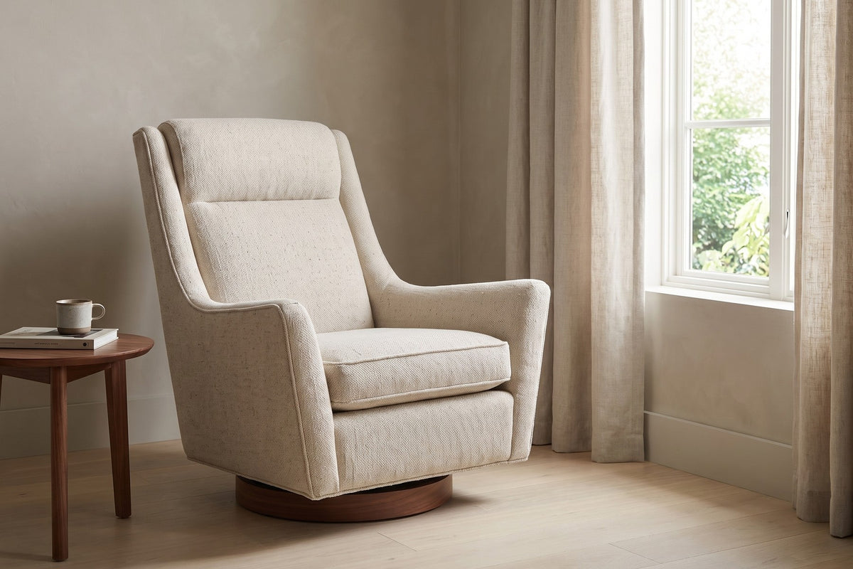 Megève Oatmeal Swivel Rocker Chair in a room setting