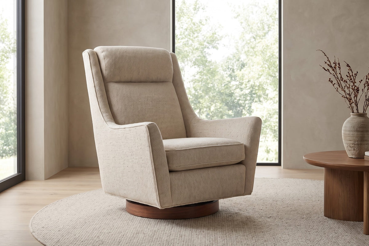 Megève Swivel Rocker Chair – High Back, Flared Arms, Walnut Disc Base