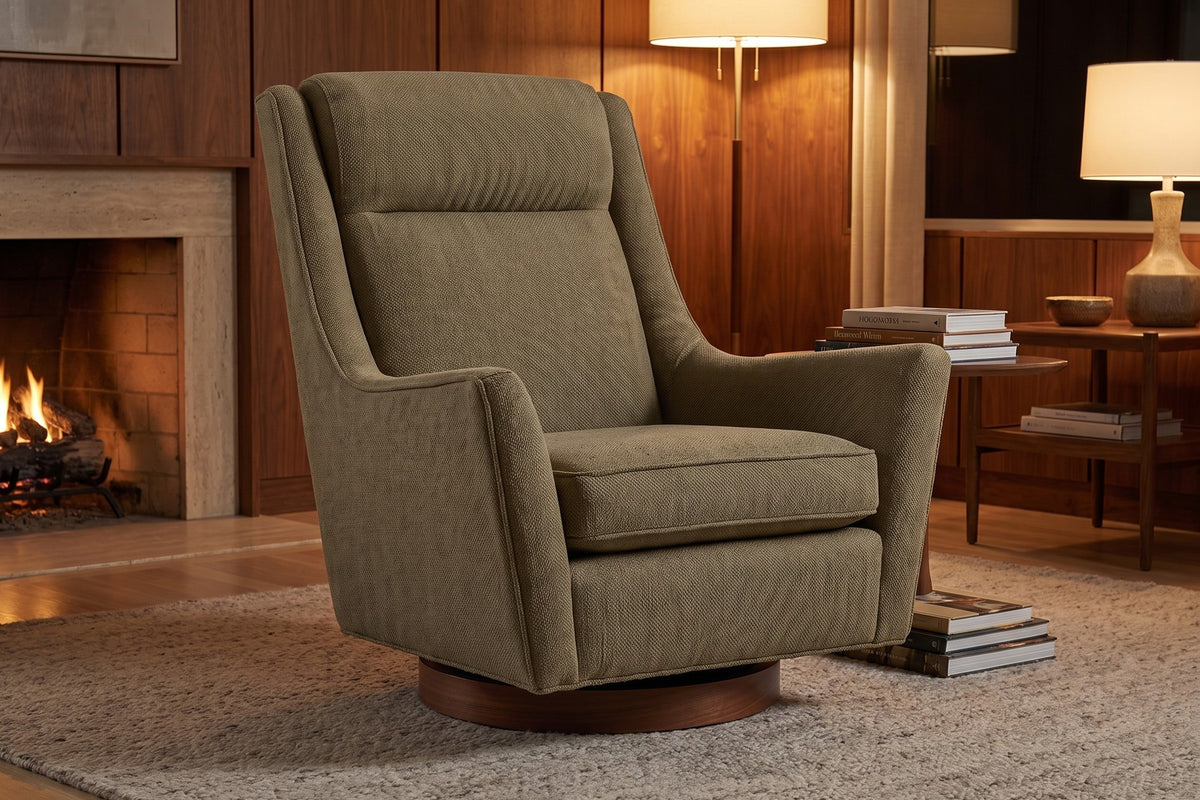 Megève Swivel Rocker Chair in Olive, in a room setting