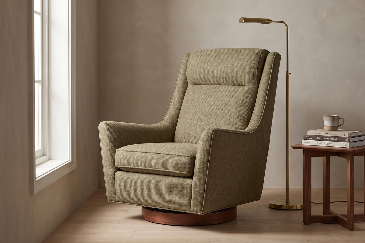 Megève Swivel Rocker Chair – High Back, Flared Arms, Walnut Disc Base