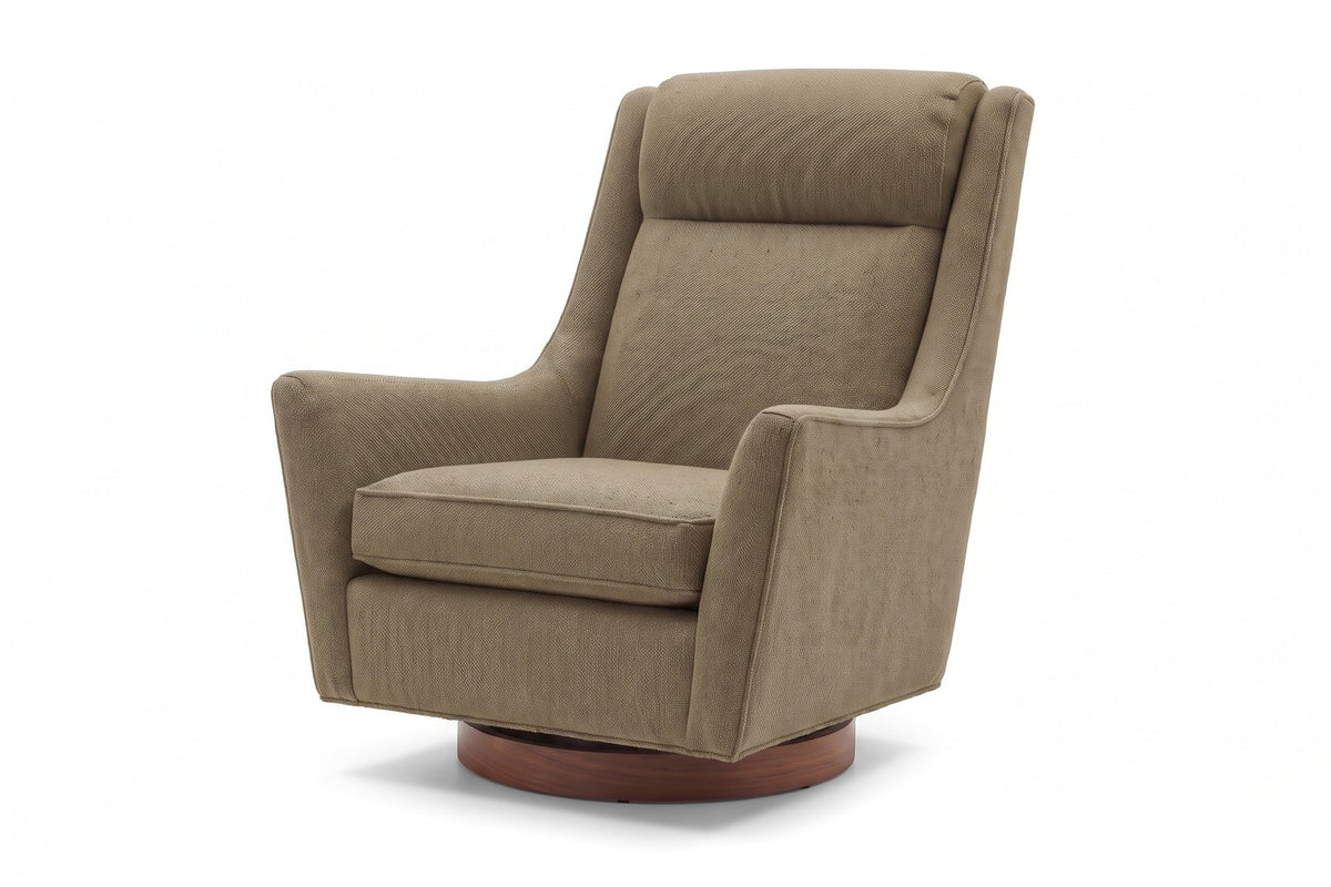 Megève Swivel Rocker Chair in Olive, three-quarter view on white