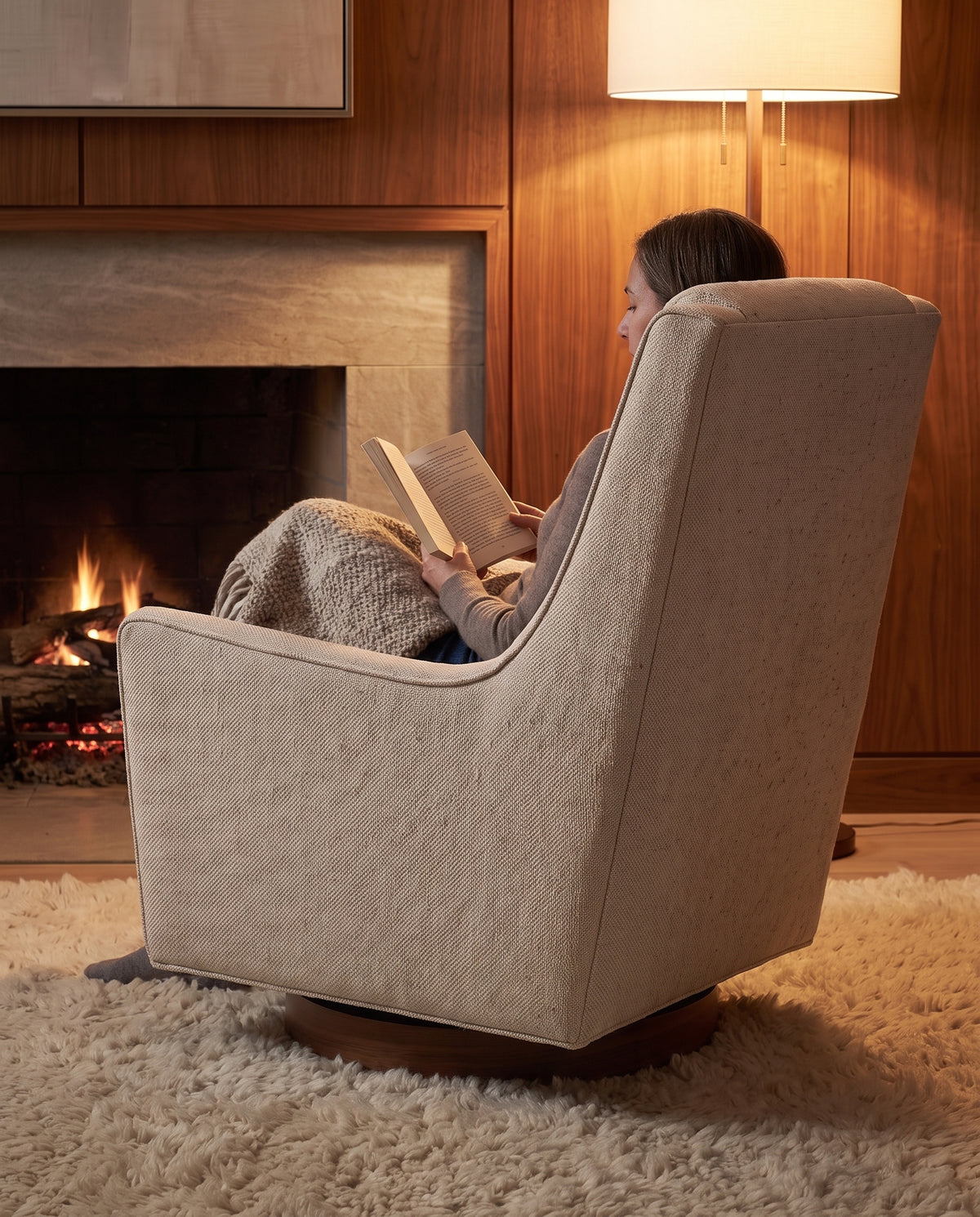 Megève Oatmeal Swivel Rocker Chair in everyday use at home
