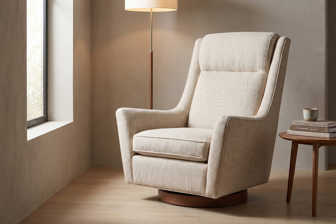 Megève Oatmeal Swivel Rocker Chair in a living space