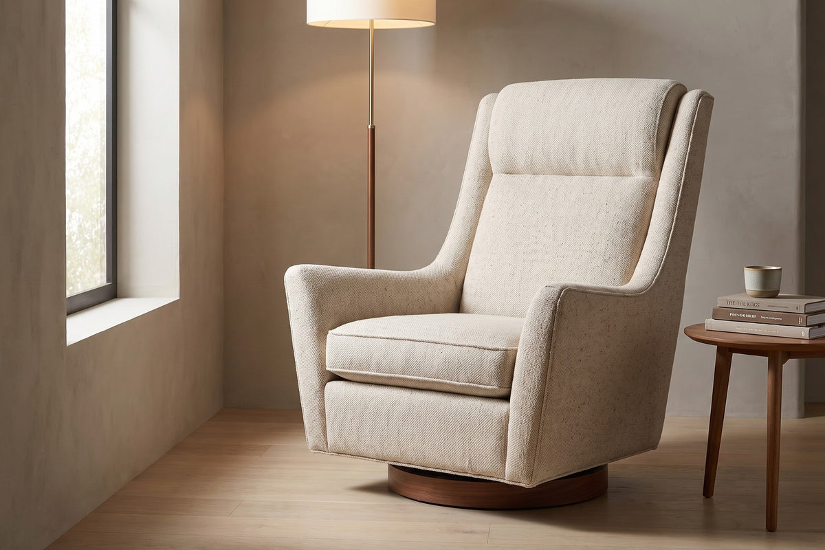 Megève Swivel Rocker Chair – High Back, Flared Arms, Walnut Disc Base
