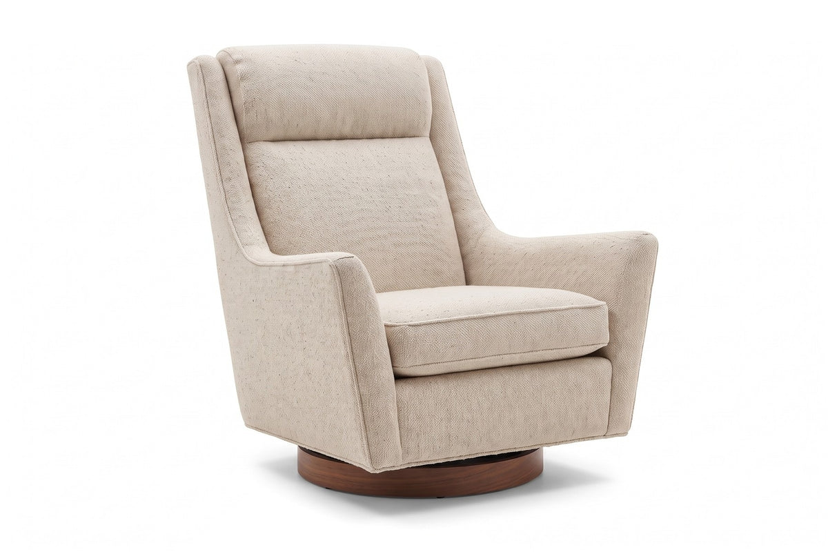 Megève Swivel Rocker Chair – High Back, Flared Arms, Walnut Disc Base