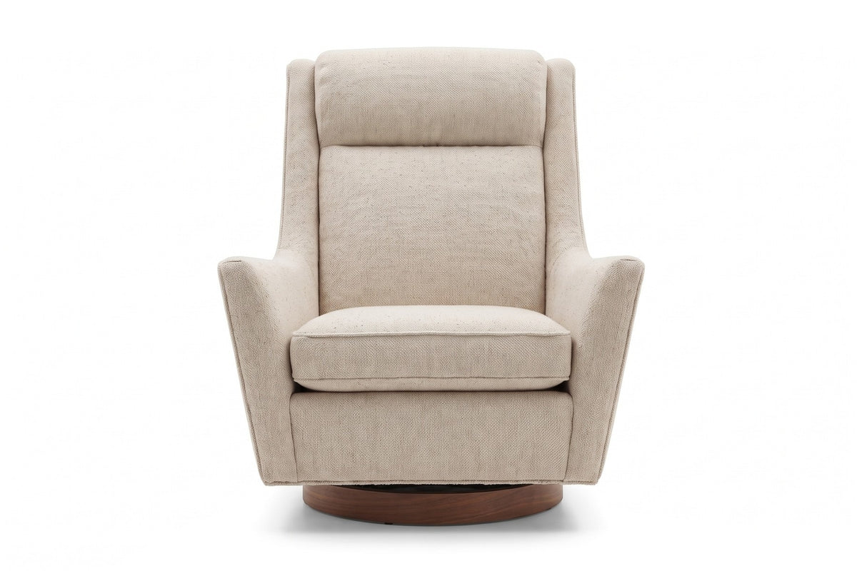 Megève Swivel Rocker Chair – High Back, Flared Arms, Walnut Disc Base
