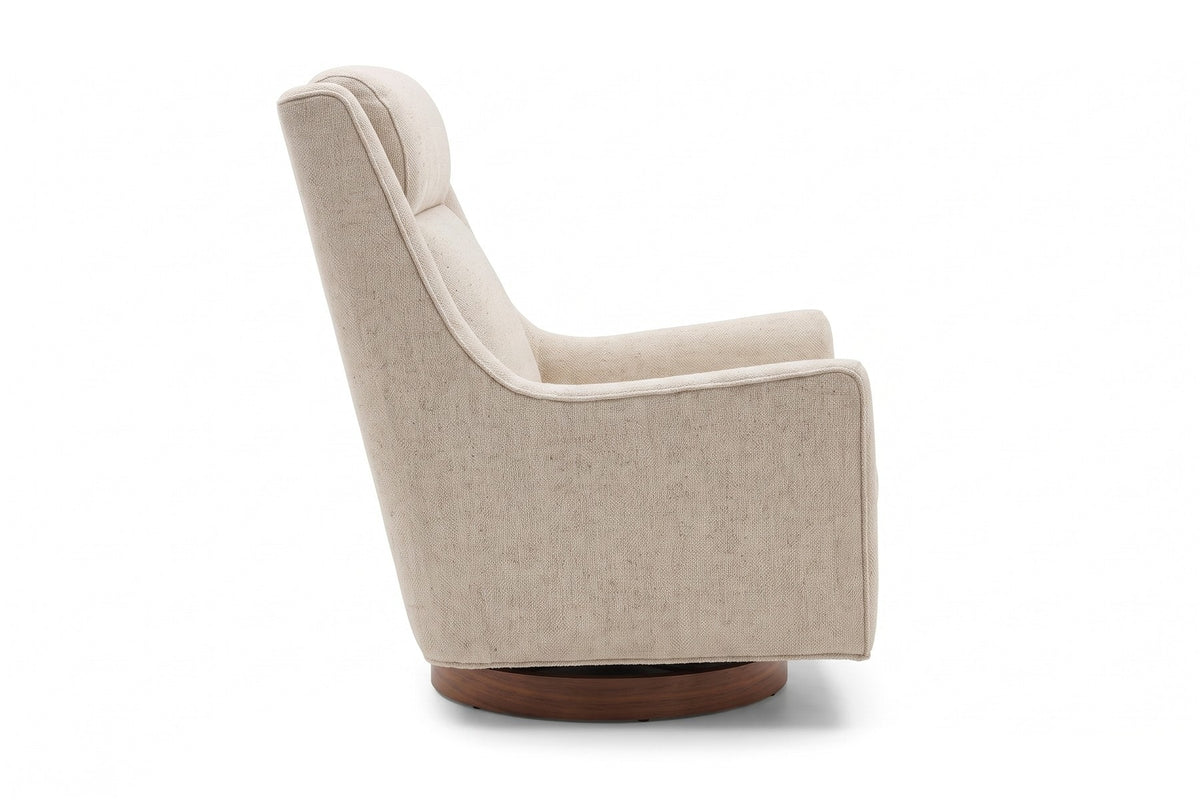 Megève Oatmeal Swivel Rocker Chair, straight side view from the right at seat height, showing the high back, the arm profile and the disc base